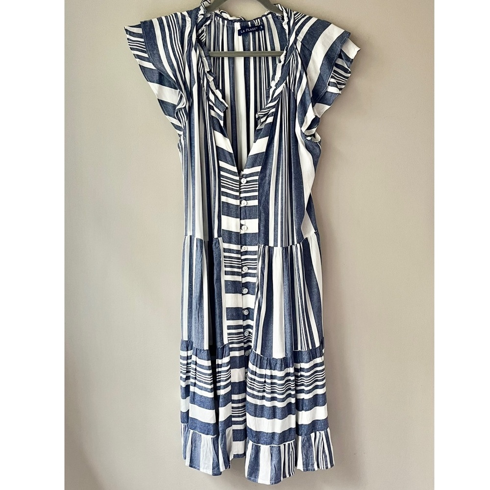 Tuckernuck | La Plage | Blue & White Offset Stripe Ruffle Flutter Sleeve Dress